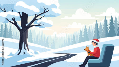 A person wearing a Santa hat holds a dog while sitting on a chair in a serene, snowy landscape