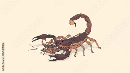 A pixel art illustration of a brown scorpion holding a cricket with its powerful pincers