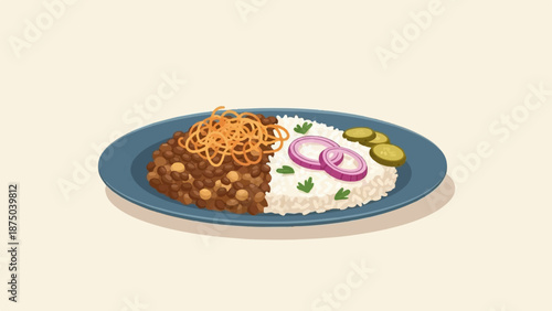 A pixel art illustration of a blue plate with rice, lentils, crispy onions, red onion, and pickles