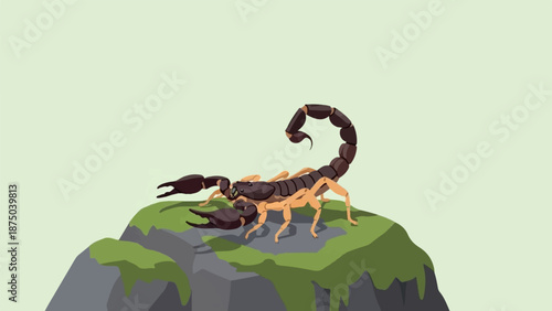 A pixel art illustration of a brown scorpion with large pincers, poised on a mossy gray rock