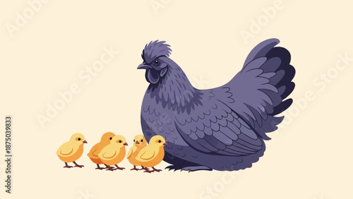 A pixel art illustration of a dark hen watching over her four small yellow chicks on a cream background