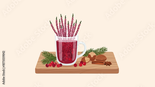 A pixel art illustration of a cozy winter drink with heather, cranberries, nuts, and spices