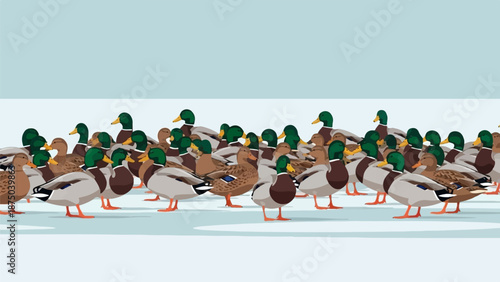 A pixel art illustration of a flock of mallard ducks gathered on a snowy, minimalist background