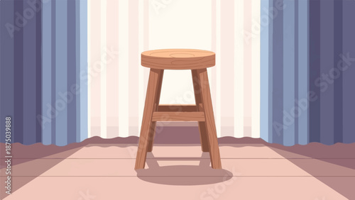 A pixel art illustration of a lone wooden stool on a floor before a window with blue curtains