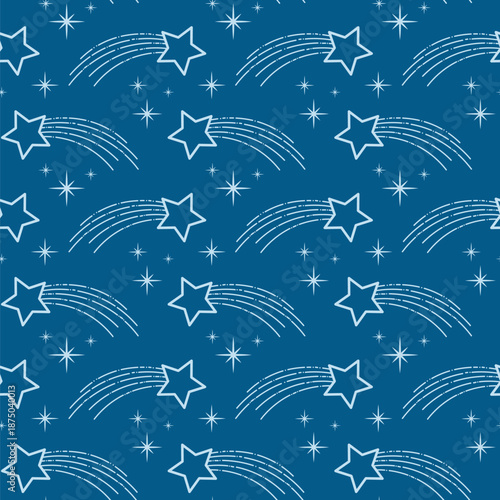Seamless pattern with shooting stars and twinkles. Light blue celestial shapes on dark background. Vector design for dreamy, space projects.