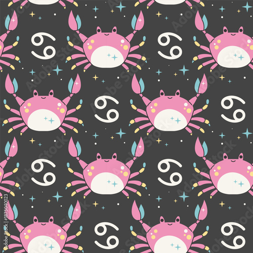 Seamless star pattern with Cancer zodiac sign. Crab symbol and constellation on dark background. Repeat decorative tile