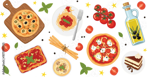 Italian food vector illustration set with pizza pasta olive oil tomatoes dessert and traditional Mediterranean cuisine elements