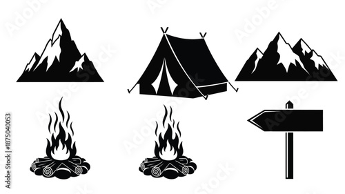 Camping elements including tent mountains fire and signpost a silhouette