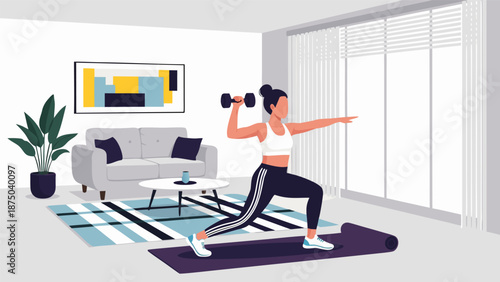 Vector illustration of a woman exercising at home with dumbbells on a yoga mat in a modern living room