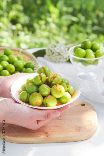 Fresh Crisp Green Qianpai Plums with Chili and Salt Seasoning