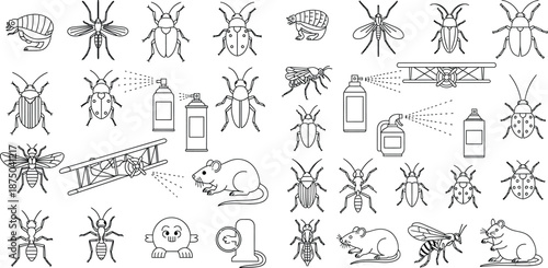 set with pests, bugs, and rodents in outline style, pest control elements included