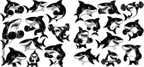Sharks bodybuilding and boxing silhouette set, gym and fitness animal mascot characters