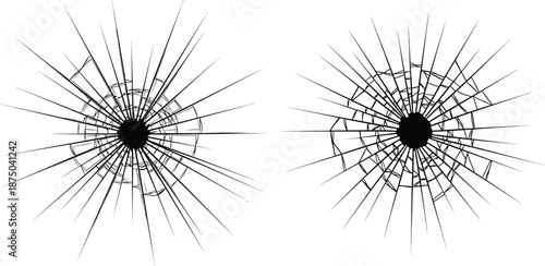 Shattered glass set with radial crack patterns, design element templates for projects