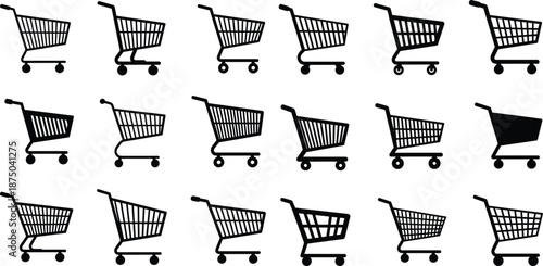 Shopping cart icon set with various design styles, arranged on a seamless background
