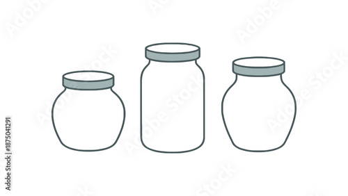 Three empty glass jars with grey lids on a white background