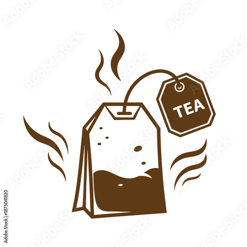 Vintage Brown tea bag with a tag and steam rising isolated on transparent background