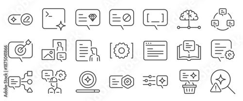 Prompt Engineering icon set. It included AI prompt, artificial intelligence, generative AI, prompting, digital, and more icons. Editable Vector Stroke.