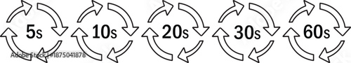 Timer Refresh Loop Icons Set Showing 5s, 10s, 20s, 30s and 60s Intervals, Circular Arrows Time Cycle Symbols Isolated on White