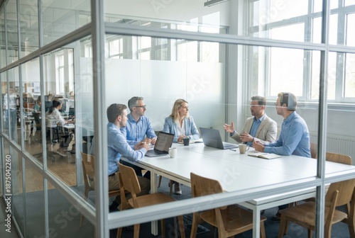 Group of diverse professionals engaged in a collaborative meeting around a table, discussing strategies and ideas in a modern office environment with large windows