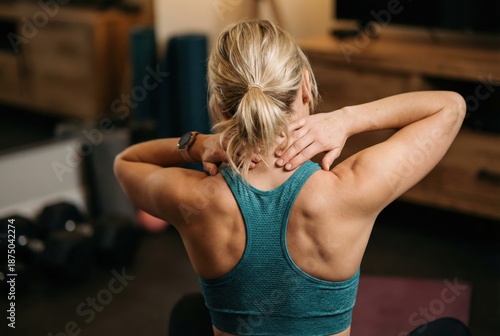 Athletic woman in teal sports bra performing neck stretches in a home gym, showcasing fitness routine and healthy lifestyle with weights in the background