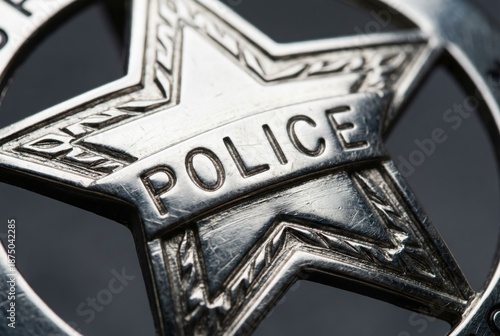 Close-up of a silver police badge featuring a star shape, engraved details, and the word 