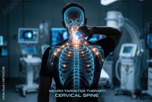 Male figure demonstrating neuro-targeted therapy for cervical spine, with a digital overlay of the skeletal structure, showcasing advanced medical technology in a clinical environment