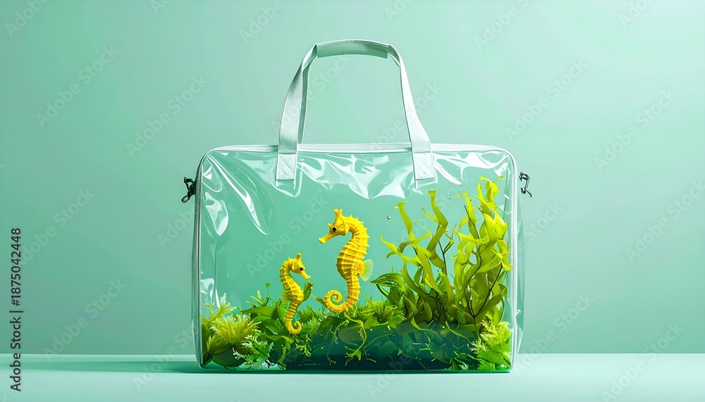 A surreal image of a transparent bag containing surreal seahorses and surreal seaweed, displayed surreal in a surreal setting.