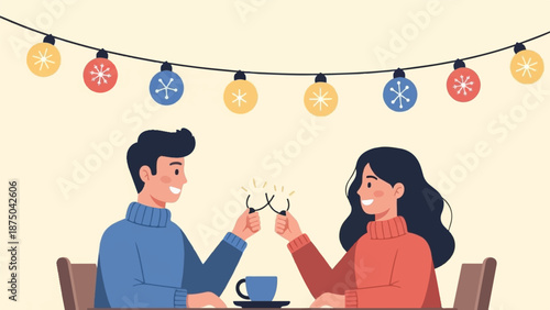 A smiling couple in sweaters toasting with glasses under a string of festive holiday lights