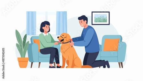 A smiling couple petting their happy golden retriever in a cozy living room setting