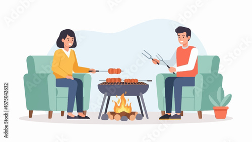 A smiling couple sits in armchairs grilling meat skewers over an open fire barbecue. Vector art