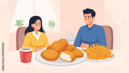 A smiling couple sits at a table sharing a large meal of fried chicken, nuggets, and curly fries