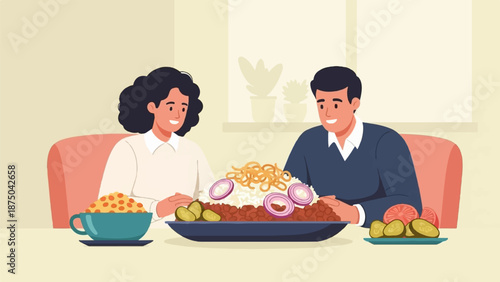 A smiling couple sits at a table, ready to share a large, festive platter of traditional food
