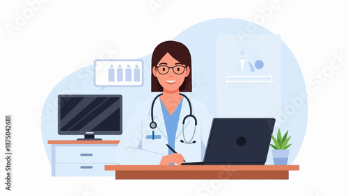 A smiling female doctor with a stethoscope sits at her desk in a modern medical office setting