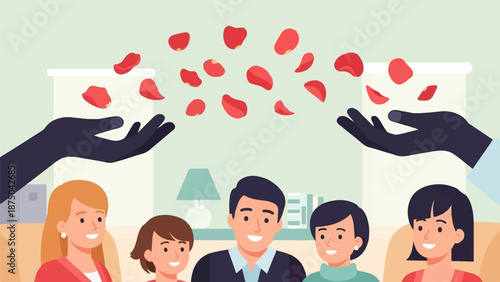A smiling family watches as hands toss red petals over them in a warm, illustrative scene