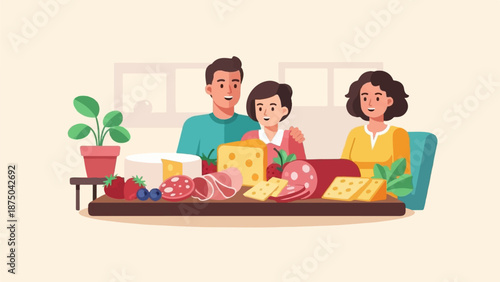 A smiling family of three gathers behind a large, appealing platter of assorted meats and cheeses