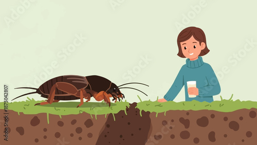 A smiling woman observes a large mole cricket emerging from a burrow in a grassy field