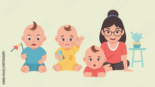 A smiling woman with glasses sits on the floor with three adorable babies playing with their toys