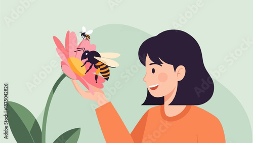 A smiling woman with dark hair holds a pink flower, watching two bees collect pollen in a garden