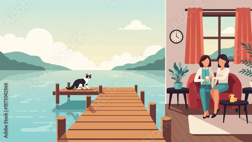 A split-screen illustration showing a tranquil lake with a cat on a pier and two women in a cozy room