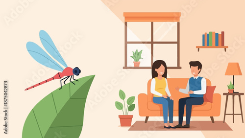 A split-view illustration of a dragonfly on a leaf and a couple talking on a sofa in their home
