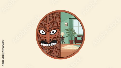 A split-view illustration contrasting a carved tribal mask with a modern, cozy living room interior