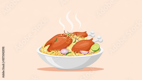 A steaming bowl of rice pilaf with two chicken drumsticks, garnished with onions, herbs, and lime