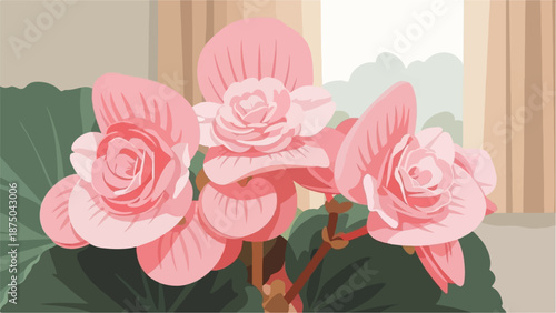 A stylized digital illustration of a lush cluster of pink begonia flowers with dark green leaves