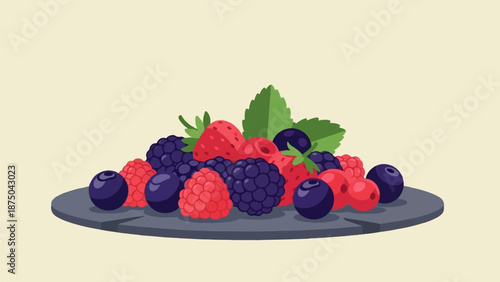 A stylized illustration of a colorful mix of fresh berries on a dark grey slate plate