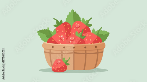 A stylized illustration of a bushel basket overflowing with fresh, ripe red strawberries and leaves