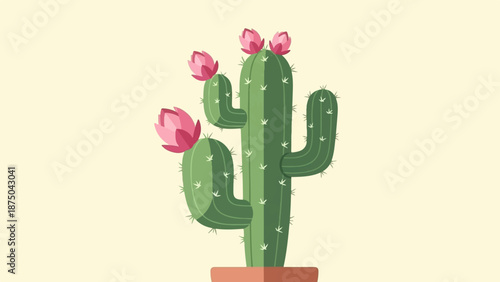 A stylized illustration of a blooming green cactus with pink flowers in a pot on a cream background
