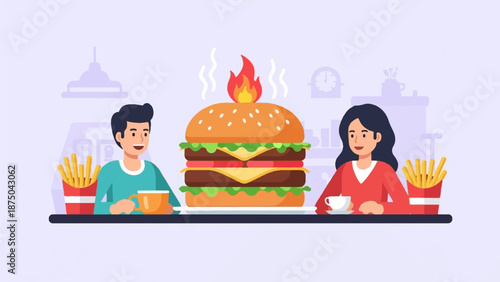 A stylized illustration of a couple at a table with a giant, flaming double cheeseburger and fries