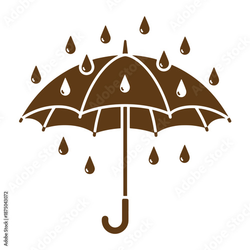 Vintage Brown umbrella with raindrops falling around it on white background