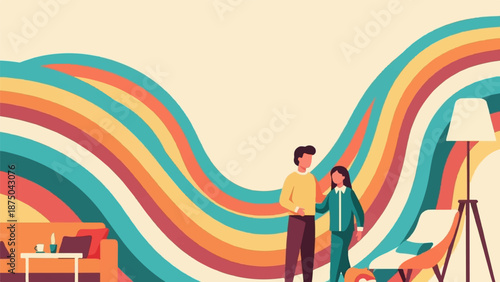A stylized illustration of a couple in a retro living room with a vibrant, wavy, rainbow backdrop