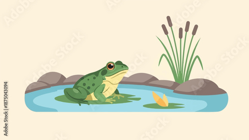 A stylized illustration of a green frog resting on a lily pad in a tranquil pond with cattails